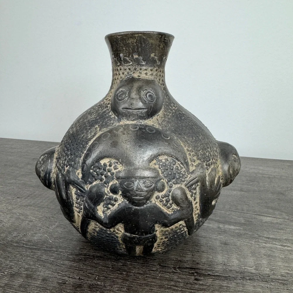 Antique Pre-Columbian Chimu Pottery Vase Carved Human Figures Animal Folk Art